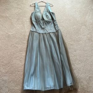 Light, blue beaded, mid length, dress, with tan tulle overlay
